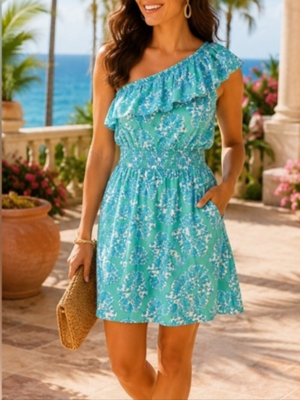 Lilly Pulitzer Turquoise Blue One-Shoulder Ruffle Summer Dress